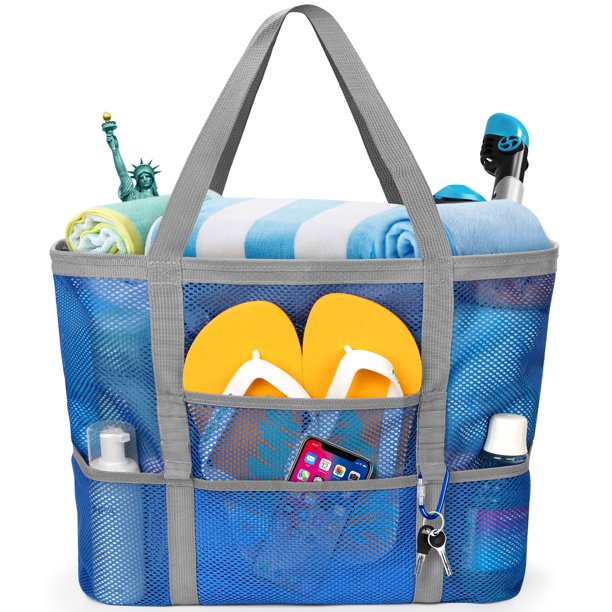 Livhil Mesh Beach Bag, Mesh Tote Bag for Women Oversized Beach Tote Bag with 9 Pockets (Blue