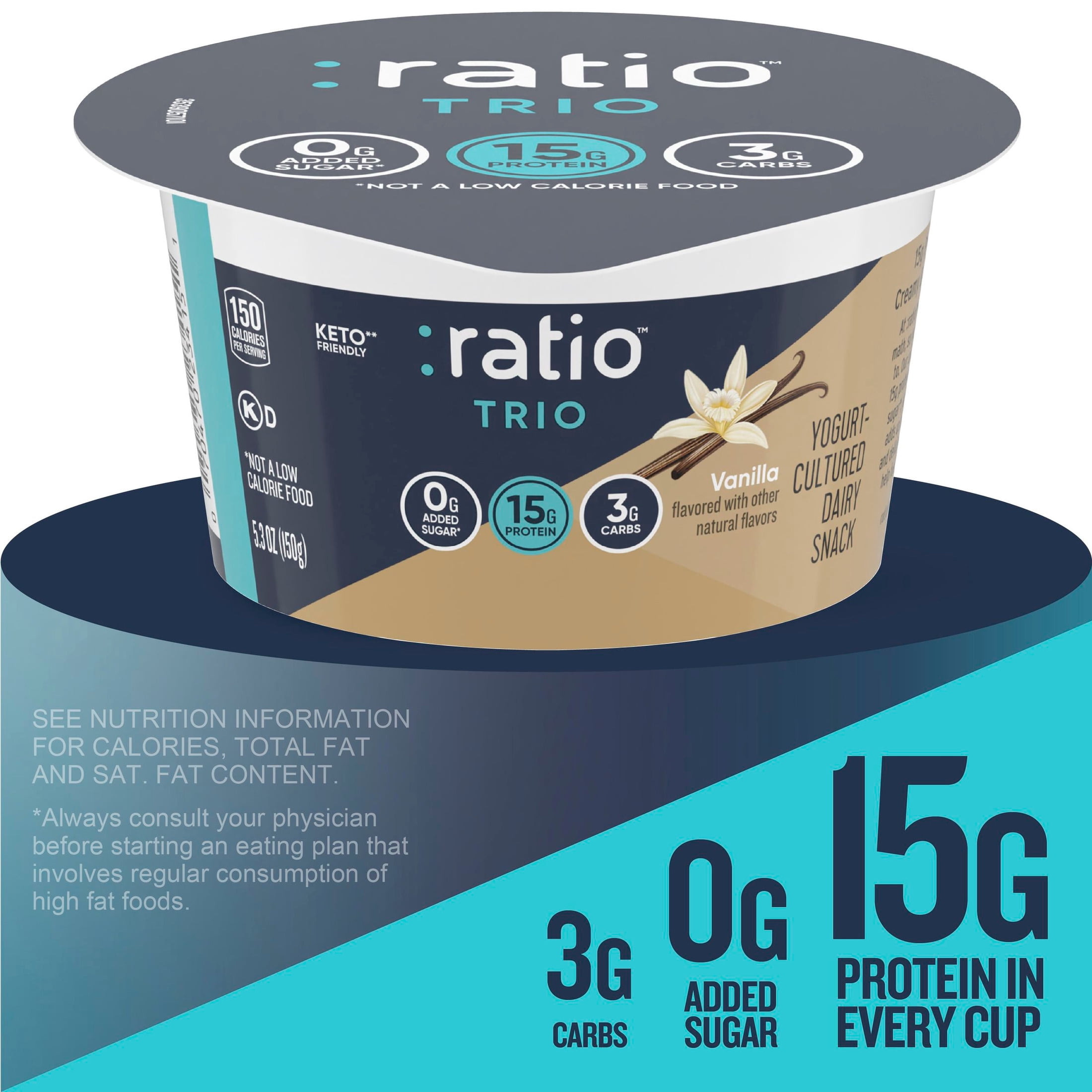 Ratio Trio Yogurt Cultured Dairy Snack, Vanilla, Keto Yogurt Alternative, 5.3 oz