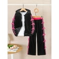 thumbnail image 3 of Kid Girls Outfis Big Girls Fall Winter Pants Set Spliced Bow Velour Hooded Zip-Up Jacket and Color-Block Straight-Leg Pants 2Pcs Casual Clothing From 8-12Y Black, 3 of 8