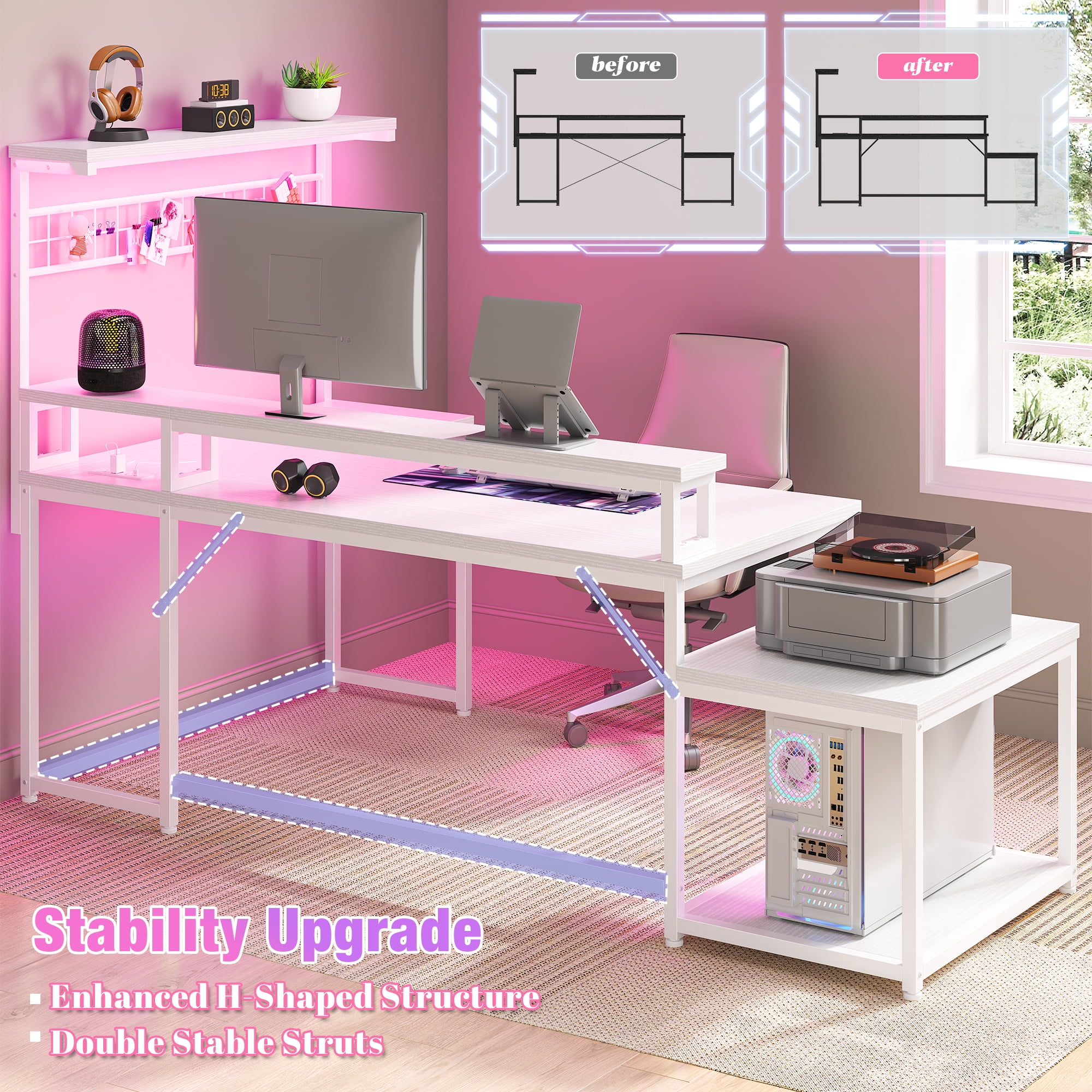 Enhomee  L Shaped Desk Gaming Desk with LED Light & Power Outlet 63 Inch Reversible L Shaped Computer Desk with Long Monitor Stand & Storage  Shelf, Corner Desk for Home Office Desk, White