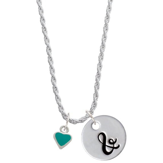 Delight Jewelry Silvertone Mini Two Sided Teal Heart Silvertone Script Initial Disc - & - Charm Necklace, 20"+3"