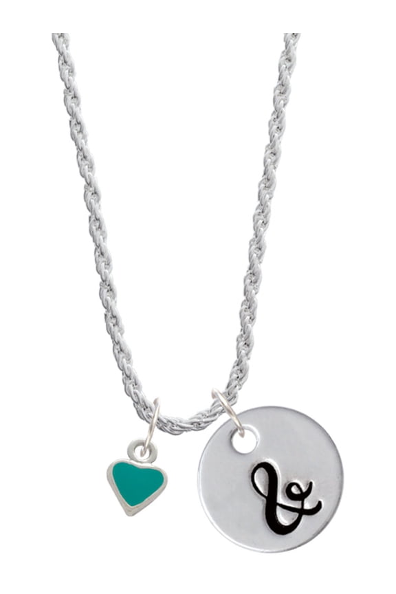 Silvertone Mini Two Sided Teal Heart Silvertone Script Initial Disc - & - Charm Necklace, 20"+3"
