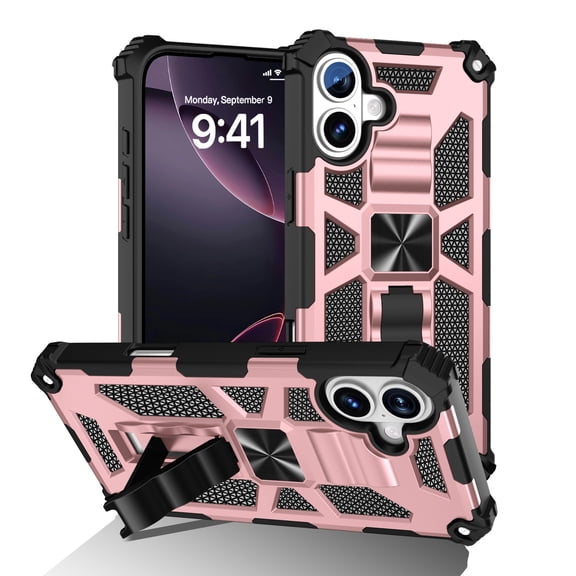 Case for iPhone 16 Heavy Duty Cover with Kickstand Magnetic Car Mount, Dual-Layers Rugged PC Silicone Shockproof Anti-Scratches Protective Case for iPhone 16, Rosegold