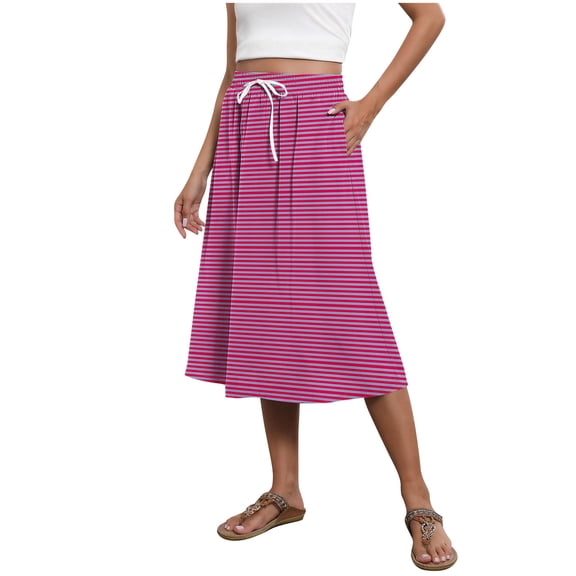 YUGYXL Striped Skirts for Women Midi Long Flowy Trendy Smocked Elastic Waist Summer Beach Vacation Skirt with Pockets Hot Pink M