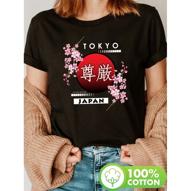 Women's Tokyo Japan Cherry Blossom Graphic T-Shirt, 100% Short Sleeve Crew Neck Casual Top with Red Sun & Japanese Print, Perfect for Spring & Summer