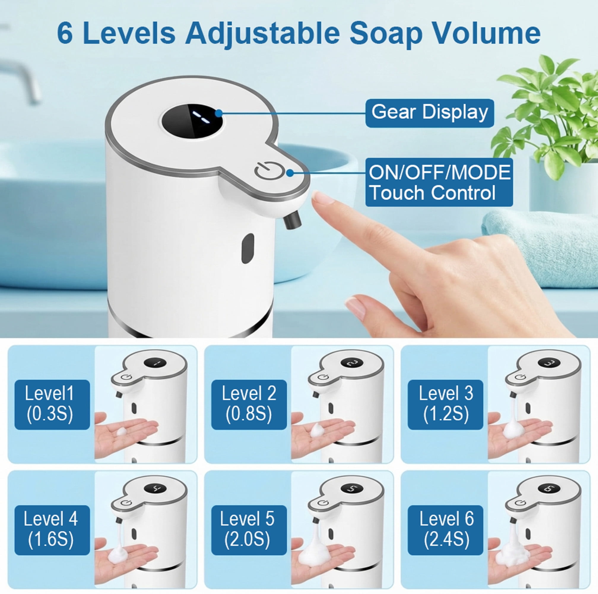 KOYMISKU Automatic Soap Dispenser, 13.5oz/400mL Touchless Wall Mounted USB Rechargeable, 6-Level Adjustable Smart Hand Soap Dispenser for Bathroom Kitchen