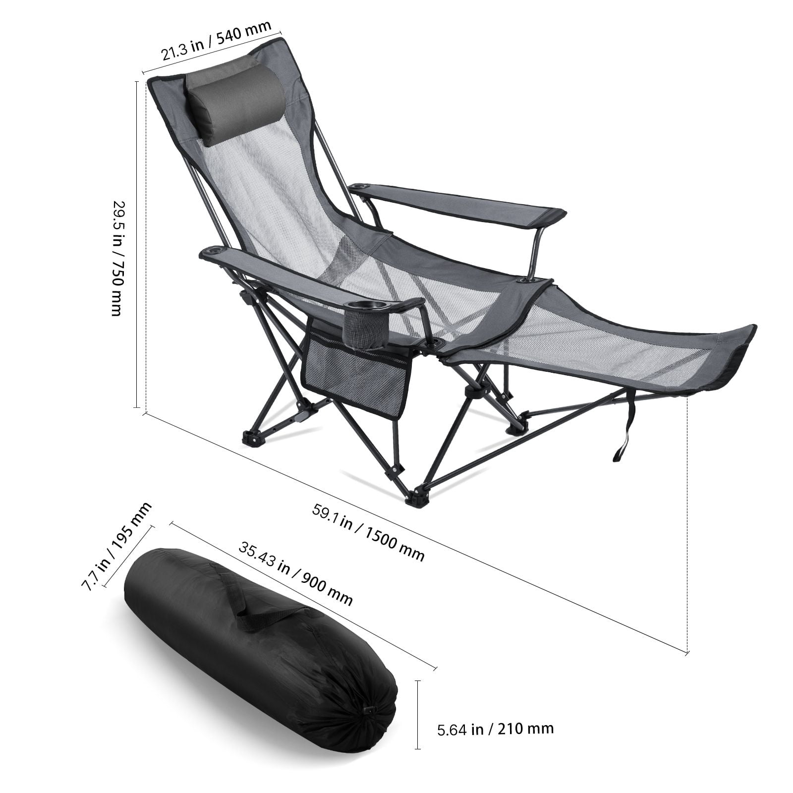 Foldable Reclining Lounge Chair 4-Position Adjustable, 220 lbs Capacity, Detachable Footrest, Cup Holder, for Camping Beach Patio