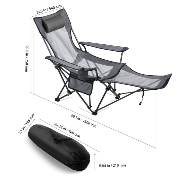 Reclining Camping Chair,4 Adjustable Positions,Portable Folding Lounger for Adults,Mesh Beach Chair with Headrest&Foot Rest,Supports 220 lbs,Heavy Duty Camp Chairs for Patio,Gray