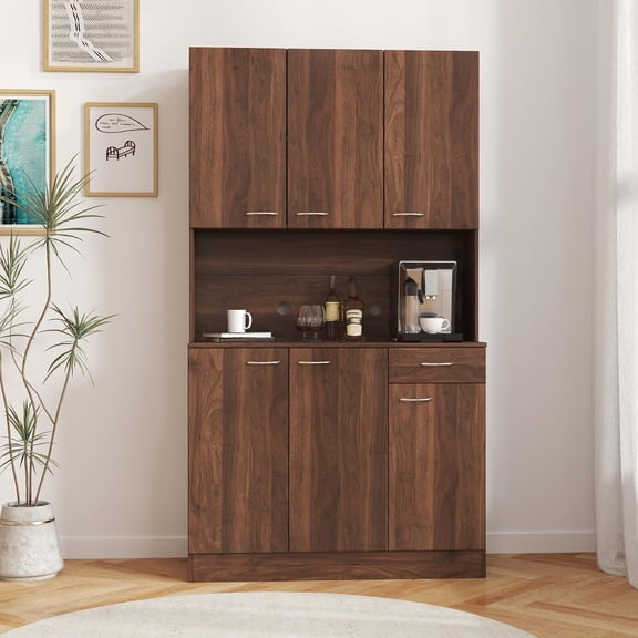 LQLI 70.87" Tall Pantry Cabinet with 6-Doors, 1-Open Shelves and 1-Drawer for Dining Room,Large Kitchen Hutch,Coffee Bar Station,Kitchen Storage Cabinet (Walnut)