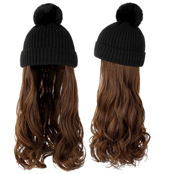 vlrwzc Beanie Hat with Long Wavy Curly Hair Extensions Knit Beanie Cap Attached Synthetic Wig Detachable Hairpiece for Winter Women