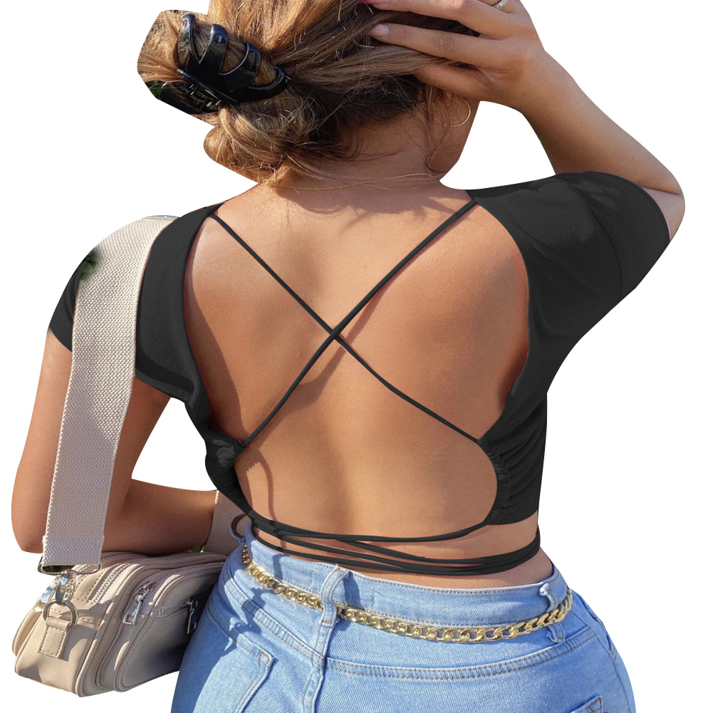 LilyCoco Sexy Tops for Women Long Sleeve Backless Blouses Going Out Criss  Cross Tie Back Crop Top Black X-Small at  Women's Clothing store