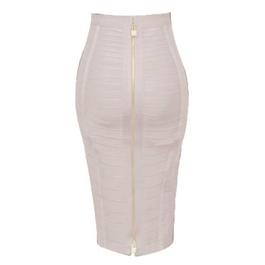 Women High Waist Striped Bandage Knee Length Midi Pencil Skirt Solid Color Zipper Bodycon Stretchy Slim Empire Skirt