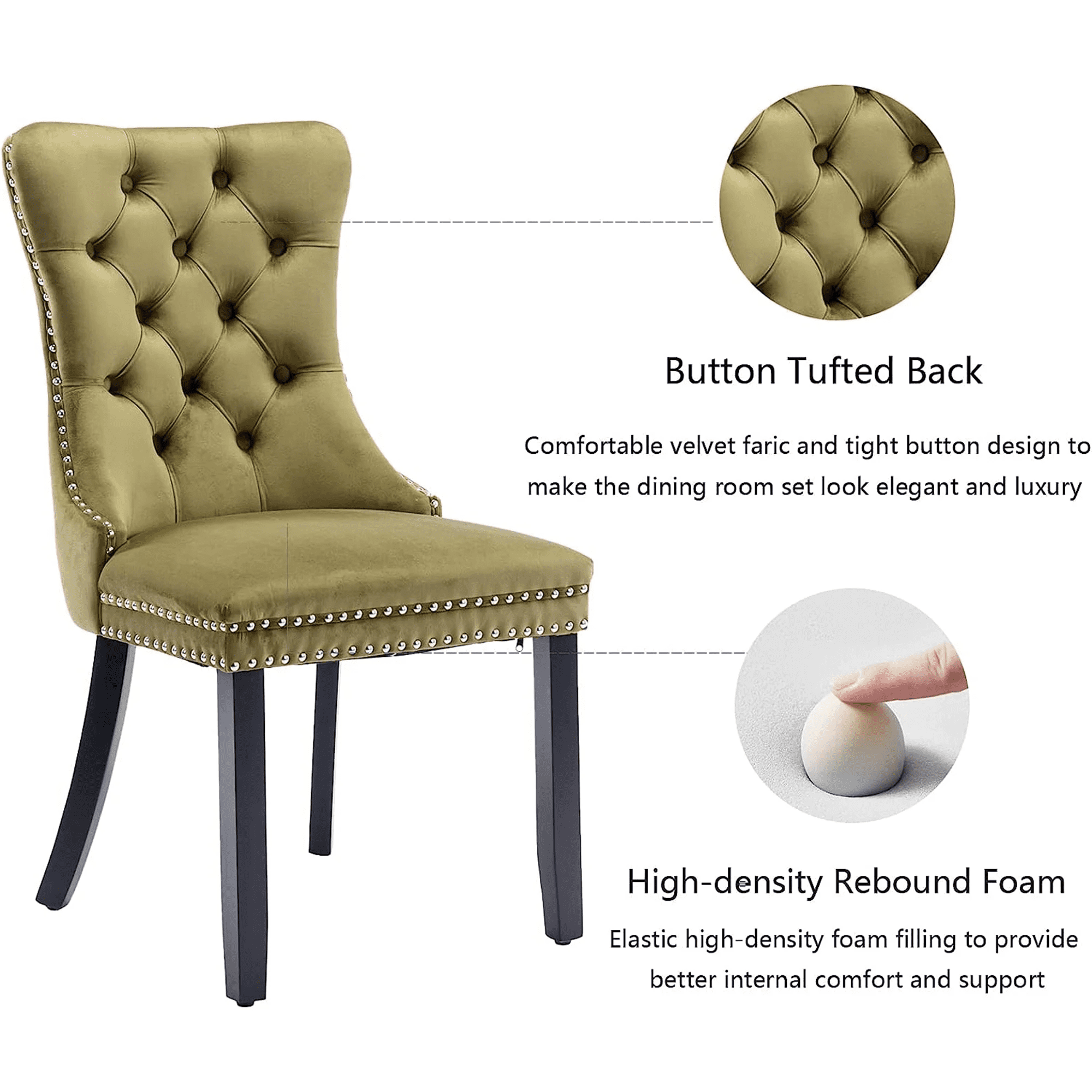 Dining Chairs Set of 2, Upholstered High-End Tufted Dining Room Chair with Back Ring and Nailhead Trim, Modern Velvet Kitchen Chairs with Solid Wood Legs for Kitchen, Home,Olive-Green