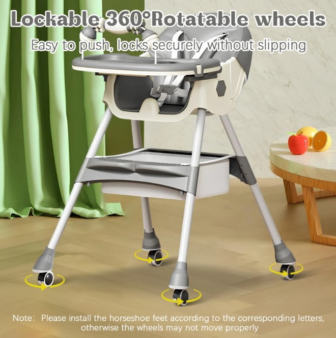 LHUAI, Foldable Baby High Chair, 4 in 1 Convertible High Chairs, With 5-Point Safety Harness, Adjustable Dining Tray & Backrest & Height, Easy To Clean Surface, For Babies And Toddlers, Grey