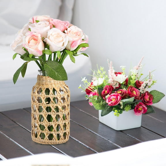 Glass Rattan Woven Vase with Natural Seagrass Cover, Farmhouse Decorative Floral Vase Basket for Centerpieces and Home Decor