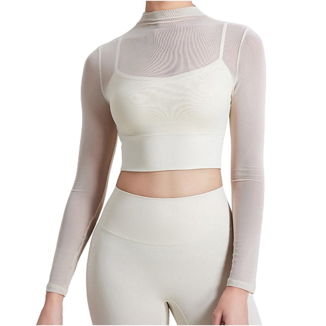 Traje de yoga de malla para mujer: top deportivo de manga larga con relleno en el pecho, secado rápido, ideal para correr o hacer yoga.