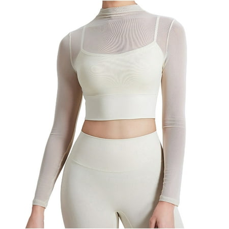 Yoga Outfits Women Mesh Suit With Long Sleeves Chest Pads Quick Drying Sports Bra Top Gym Outfits Beige M