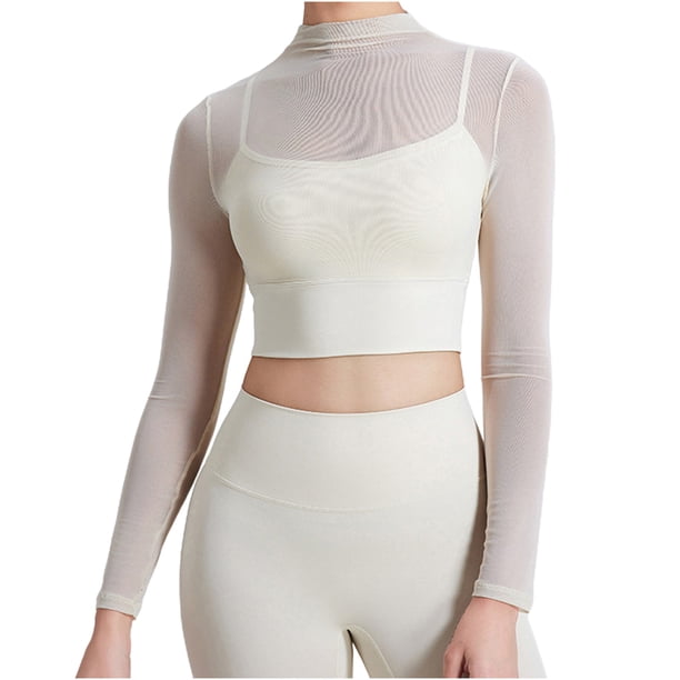 Traje de yoga de malla para mujer: top deportivo de manga larga con relleno en el pecho, secado rápido, ideal para correr o hacer yoga.