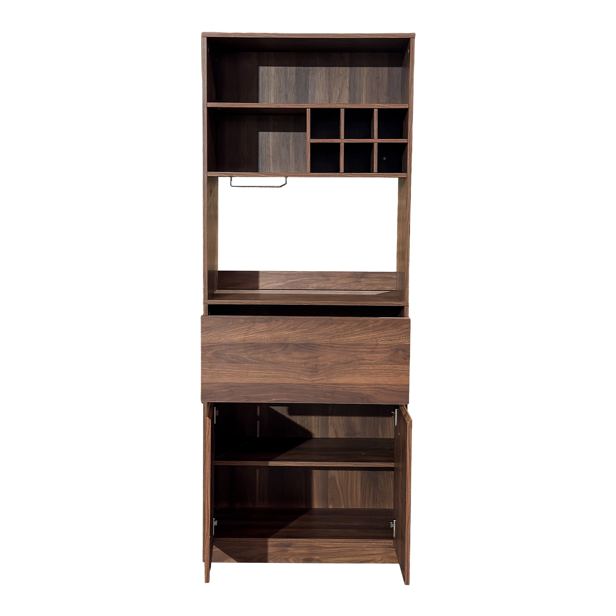 Wine Bar Cabinet Multi-Functional Kitchen Storage Hutch with Drawer Glass Holder, Walnut