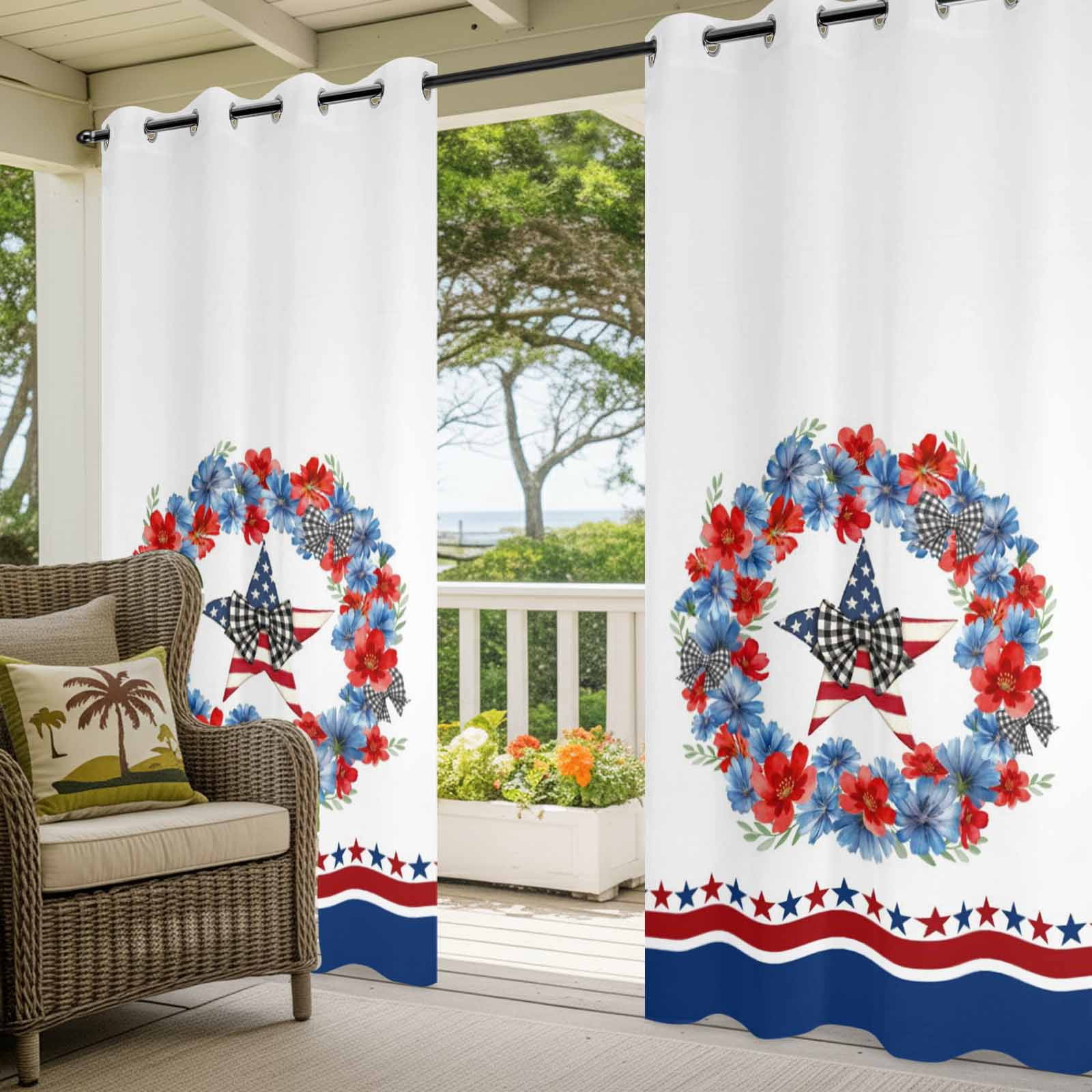 Independence Day Outdoor Curtains for Patio, Red Blue Flower Plaid Bow Star Abstract Striped Sunshade Privacy Drapes Grommet Waterproof Outside Curtains for Porch/Cabana/Balcony 54"x 108", 1 Panel