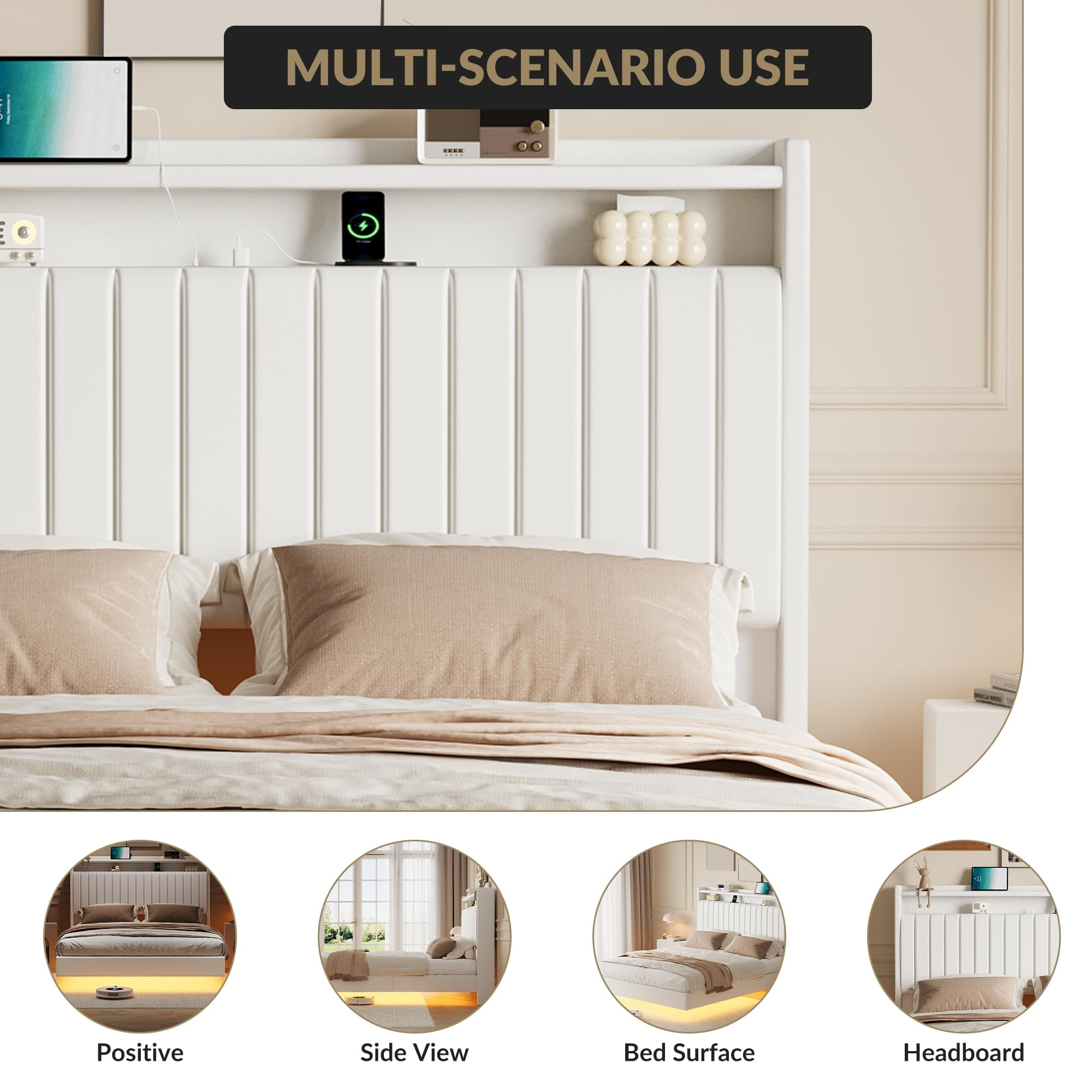 Towallmark Queen Size Floating Bed Frame with LED Lights & Charging Station,Upholstered Leather Platform Bed Frame with Headboard,50" Tall Floating Bed with Stable Structure,White