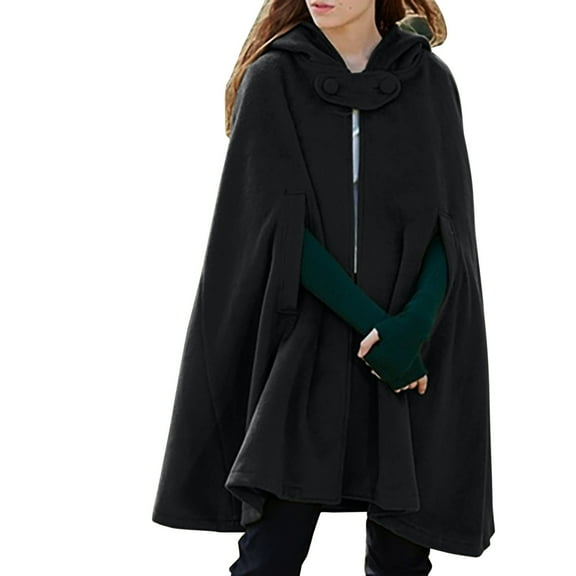 Mifelio Womens Winter Coats Hooded Medium Women Cape Winter Vintage Overcoat Fashion Button Cloak Woolen Coat, Coats for Women Black L