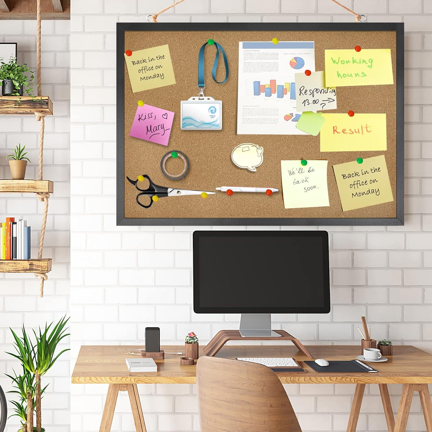 Cork Board Bulletin Board 23 x 15.7Inches with Rectangle Black Frame Hanging Pin for Walls Office Message Board or Vision Board Decoration