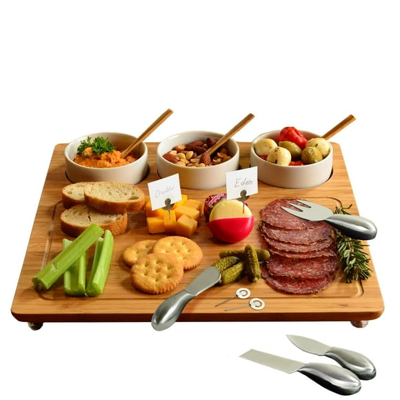 Picnic at Ascot Bamboo Cheese Board/Charcuterie Platter - Includes 3 Ceramic Bowls, Bamboo Spoons, Stainless Steel Cheese Tools, Cheese Markers - Designed and Quality Checked in the USA
