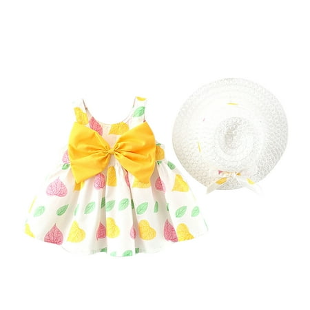 

QWERTYU Newborn Infant Baby Polka Dot Bow Sundress with Hat Sleeveless Dresses Summer Dress for Girl 0-24M 90-9/10