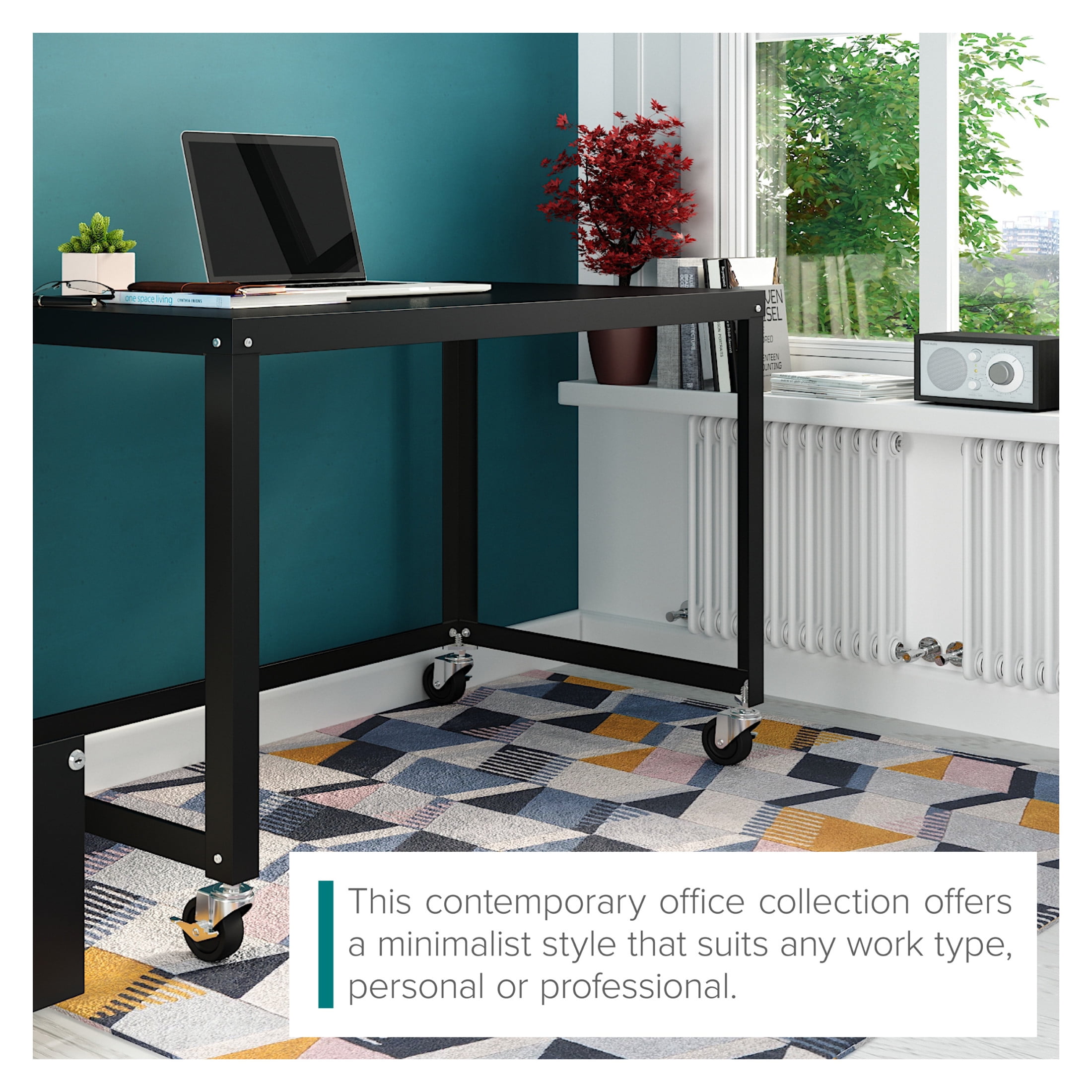 Hirsh Ready-to-Assemble 48-inch Wide Mobile Metal Desk for Home Office, Black