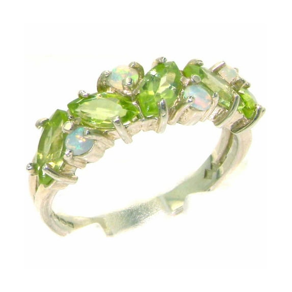LBG British Made 14k White Gold Natural Peridot & Opal Womens Eternity Ring - Size 9.5 - 33 size options