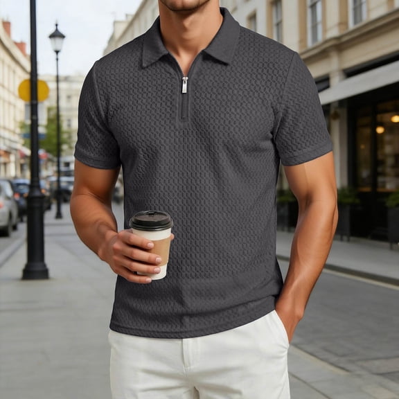 Men's Polo Shirt Short Sleeve Quarter Zipper Polo Tees Loose Fit Grey Summer Shirts for Men
