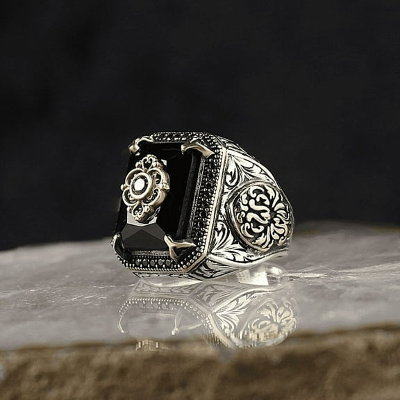 Mens Handmade Turkish Signet Ring Ancient Silver Color Carved Eagle Ring Black Onyx Size 6 - 13
