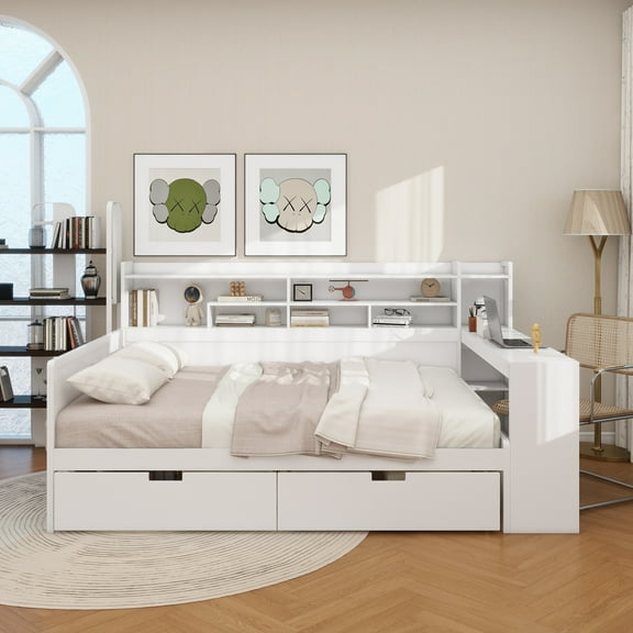 Wooden Full Size Daybed with Storage Shelves, Multi-functional Bed with Two Storage Drawers and Study Desk, Antique White
