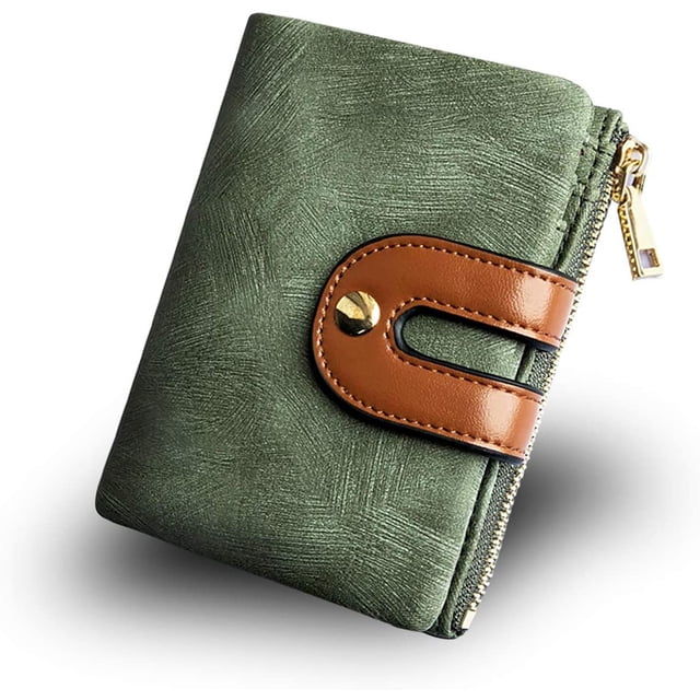 1pc Women's Anti-Theft Compact Bi-fold Genuine Leather Wallet — Mini Zipper Coin Purse with ID/Card Slots, Slim & Compact.,Green,Small