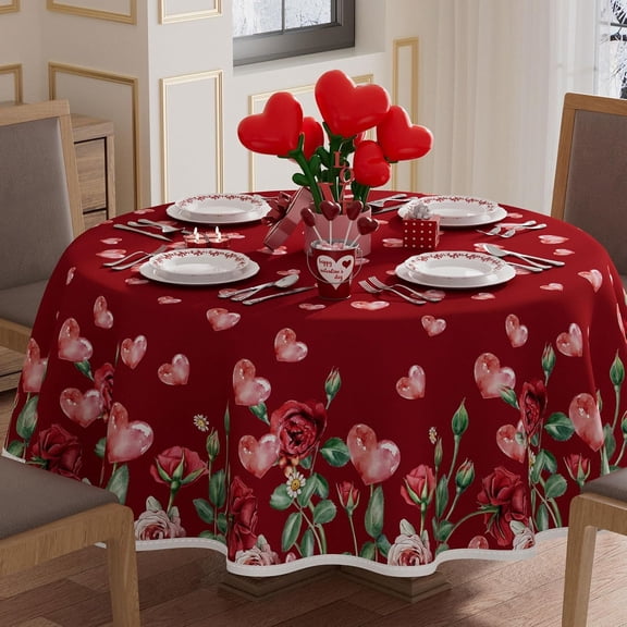 Love Hearts Roses Flowers Valentine''s Day Tablecloth Round Table Cloth Washable Table Covers for Indoor Dining Home Party Decorations 60x60 Inch