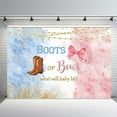 thumbnail image 2 of Boots or Bows Gender Reveal Beautiful Backdrop Boy or Girl Baby Shower Party Decorations Blue Pink Watercolor Cowboy Boots Pink Bows Photography Background Cake Take Banner Photo Booth Props, 2 of 3