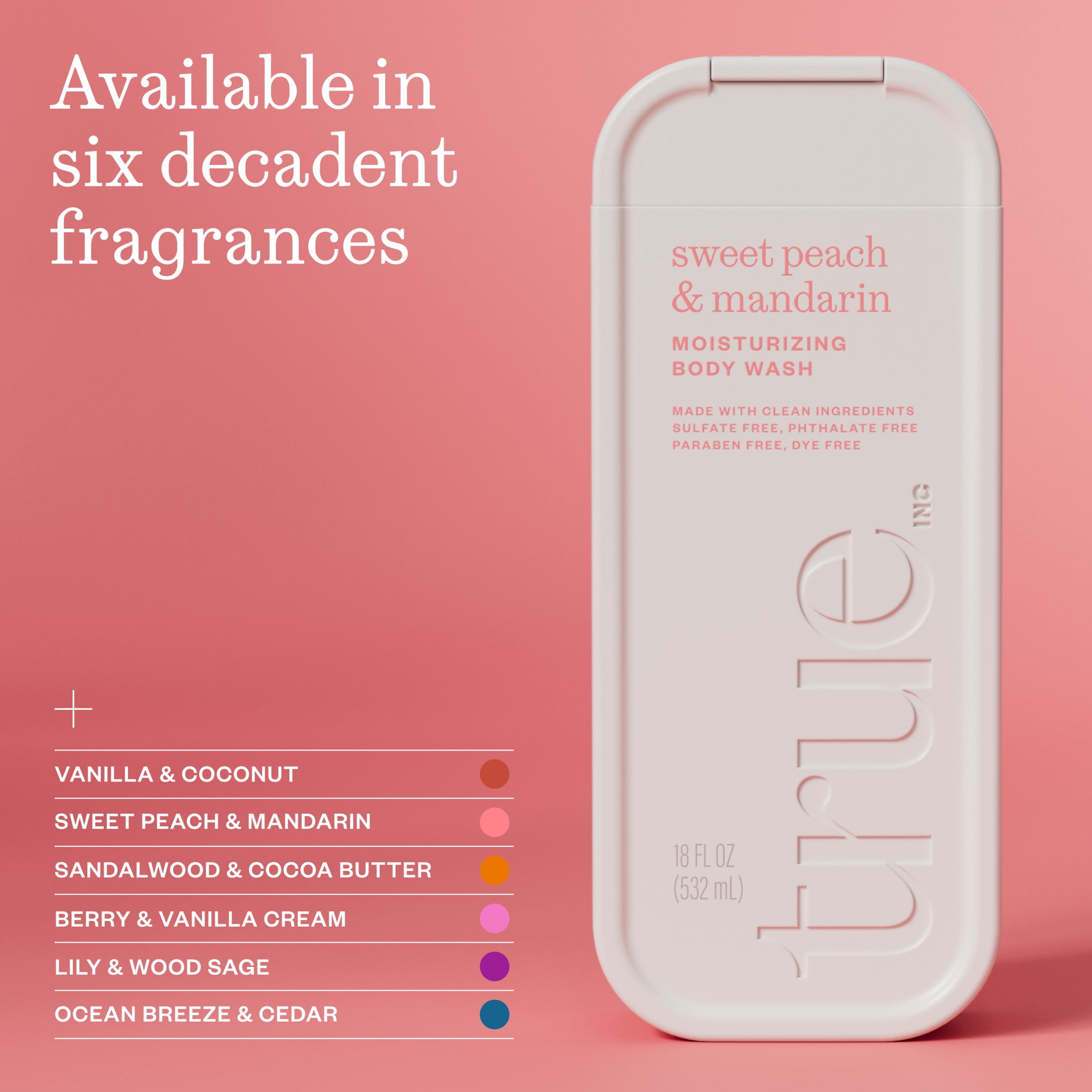 True Sweet Peach & Mandarin Body Wash, Sulfate-Free, Moisturizing and Hydrating Formula for Women & Men, 18 fl oz