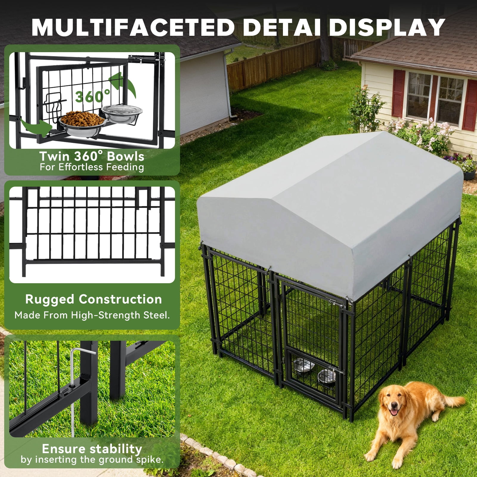 Oranland 4 x4 x5FT Outdoor Large Dog Kennel, Heavy Duty Modular Dog Cage with Waterproof Cover, Dog Playpen with 2 Rotating Bowls & Secure Lock for Patio, Garden, Backyard
