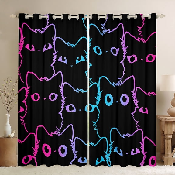jejeloiu Kawaii Cat Black Out Curtains,Cartoon Cute Kitten Curtains Pack of 2 (42x63 Each),Neon Gradient Striped Bedroom Curtains For Girls Kids,Luxury Bedroom Decor