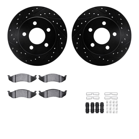Dynamic Friction Company Front Brake Rotors-Drilled and Slotted-Black with Heavy Duty Brake Pads includes Hardware 8212-42090