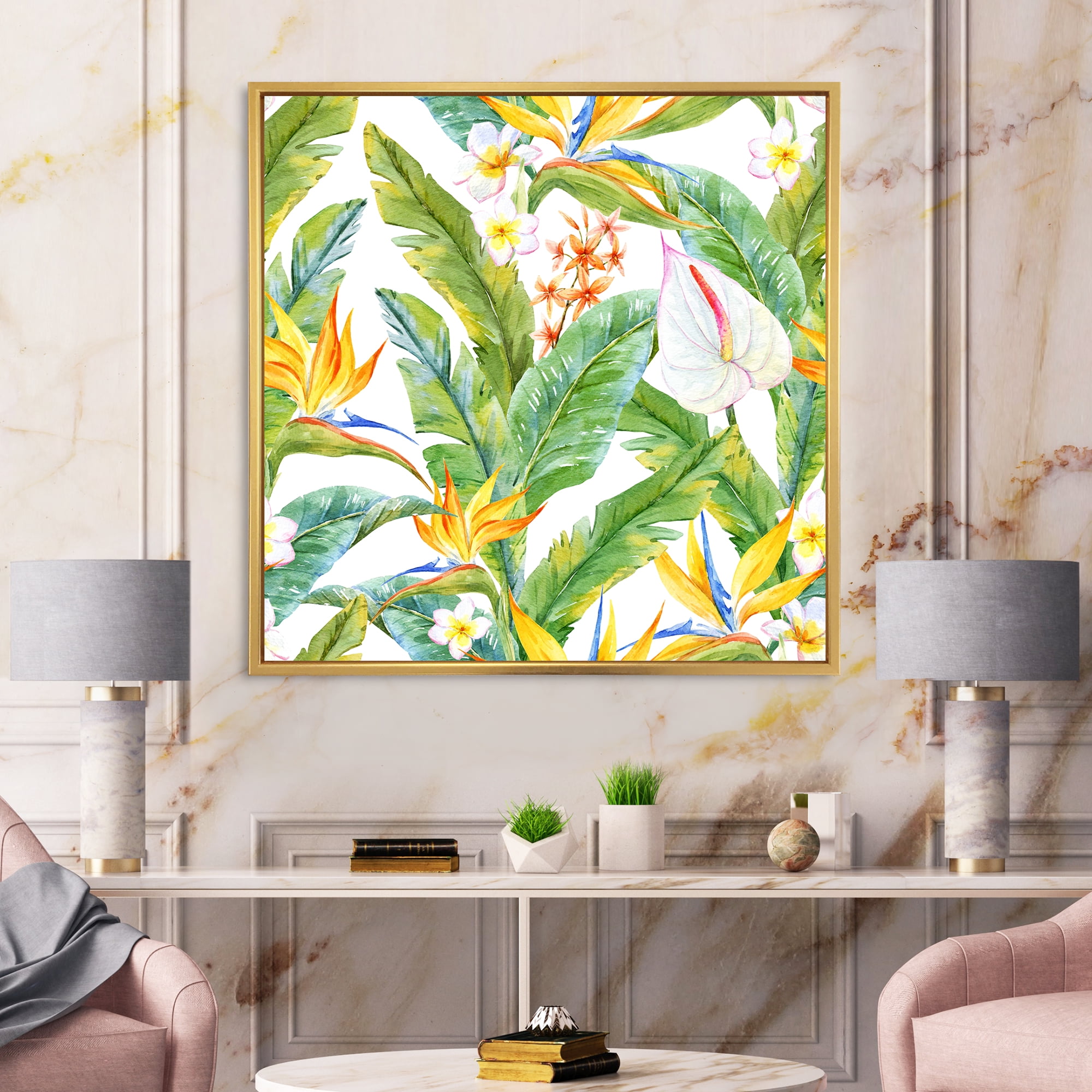Yellow Flowers and Tropical Foliage II 16 in x 16 in Framed Painting Canvas Art Print, by Designart