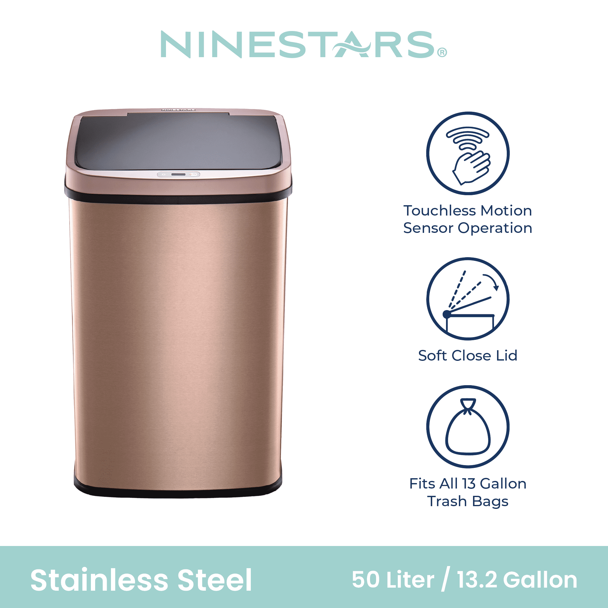 Nine Stars Automatic Trash Can, 13 Gallon Stainless Steel, Motion Sensor Hands free Soft close Lid Garbage Bin, Rosegold