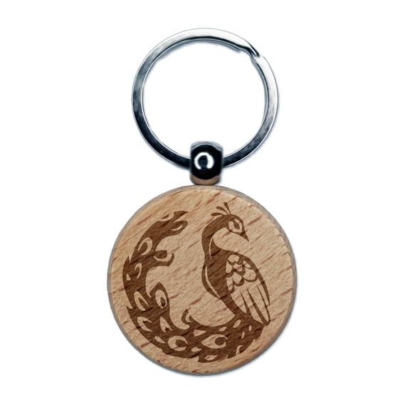 Elegant Sitting Peacock Round Keychain Charm Tag - Engraved Wood