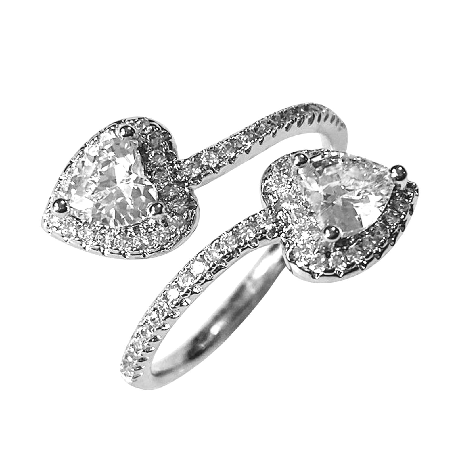 Women Double Heart Ring Full Diamond with Shiny Zirconia Female Ring Jewelry Gift 