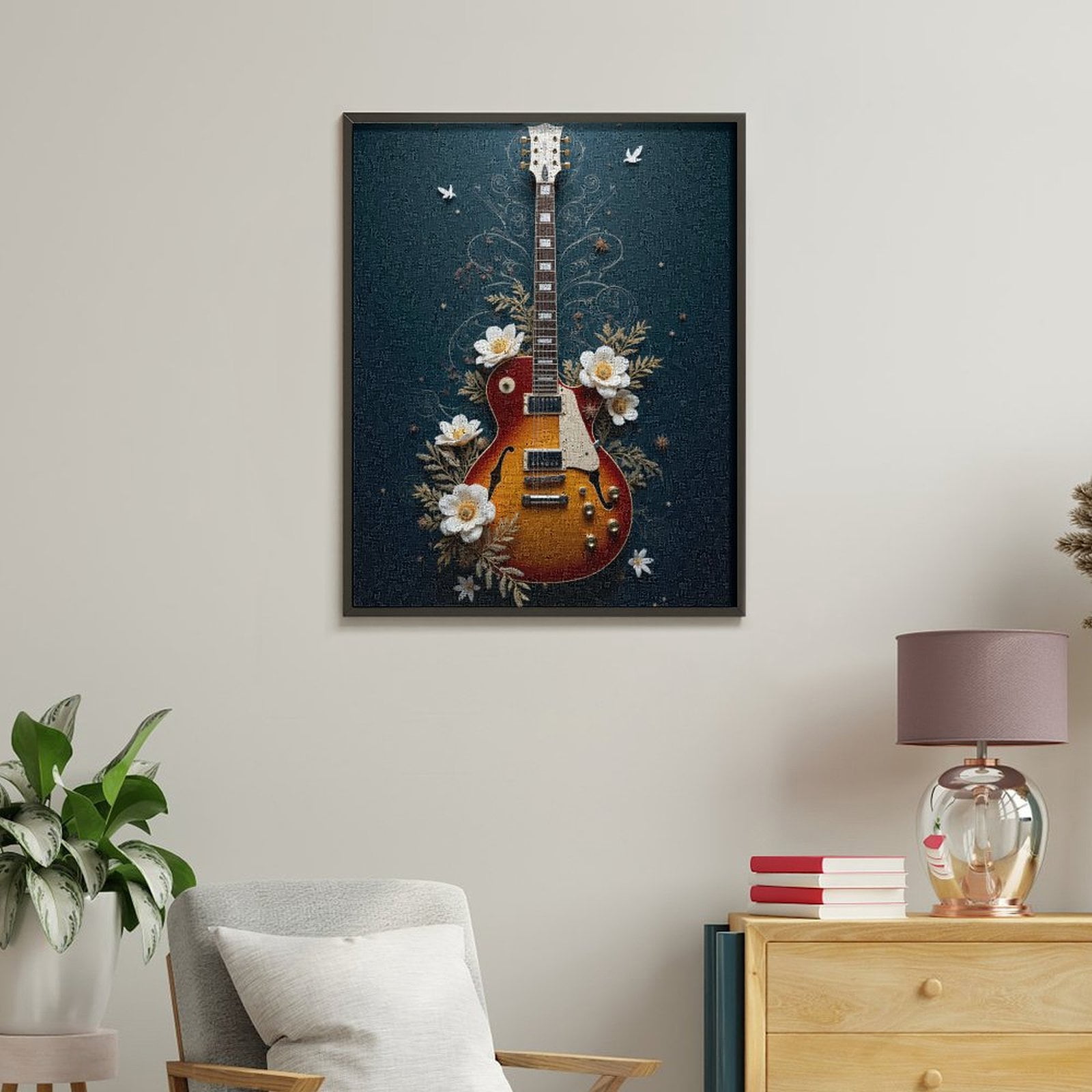 Paint By Numbers Kit for Adults Beginner - Guitar Floral Design Art Deco DIY Canvas Painting Kits for Adults, Frameless Paint By Number for Adults for Home Wall Decor 16x20 Inch