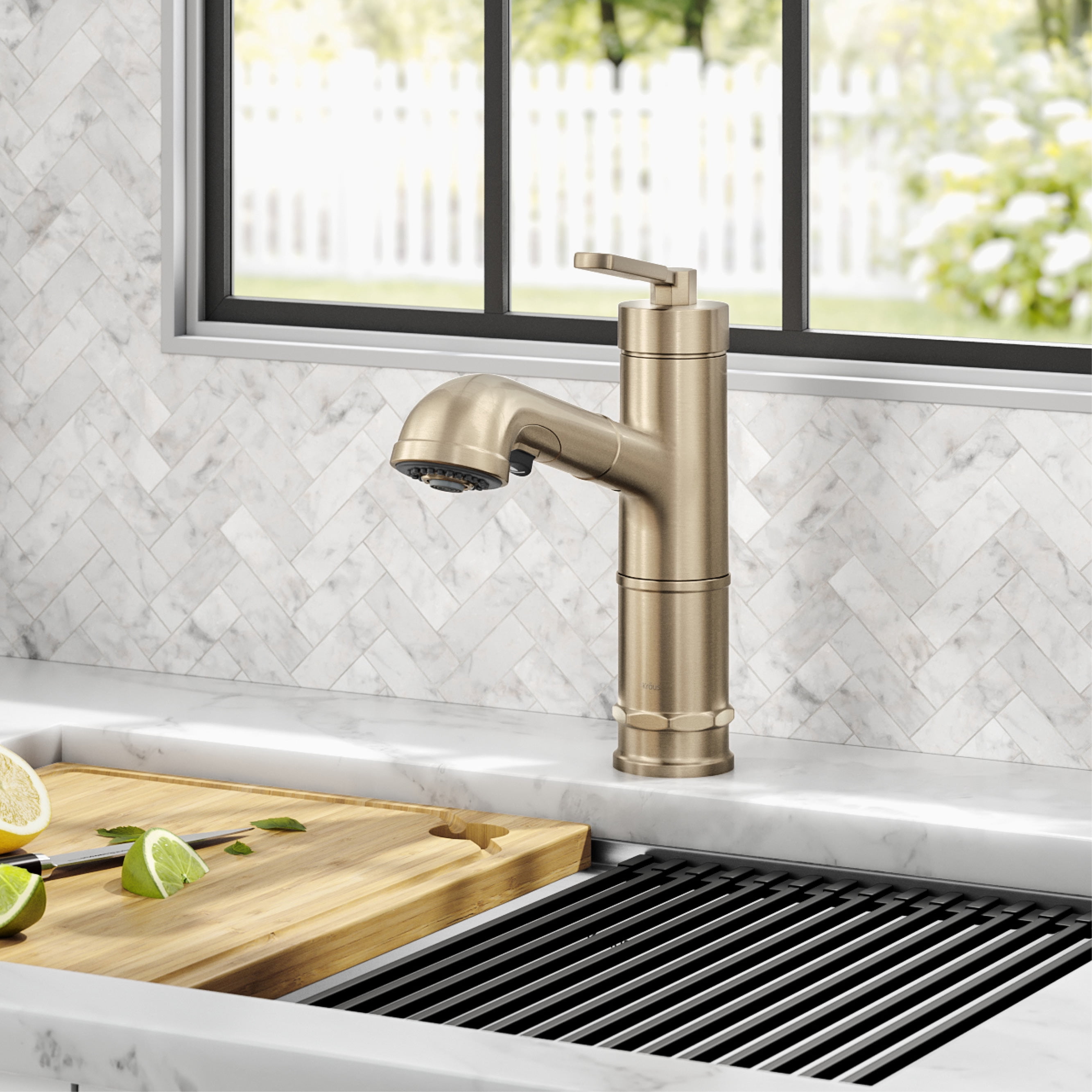 KRAUS Allyn Pull-Out Single Handle Kitchen Faucet in Spot-Free Antique Champagne Bronze
