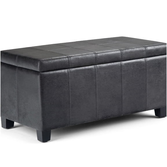 Distressed Black Faux Leather Storage Ottoman Bench with Lift Top, Solid Wood Frame, and Safety Hinge