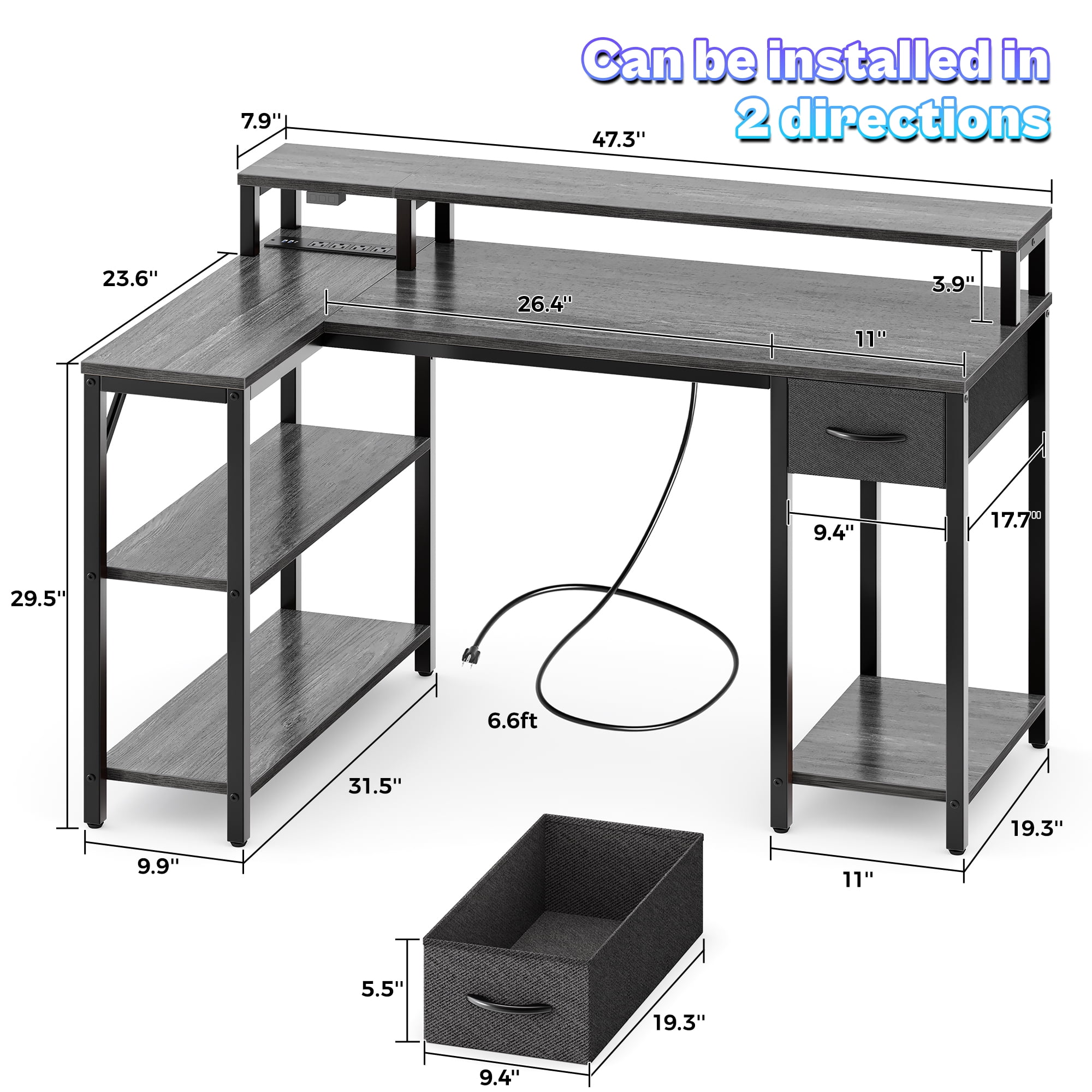Amadwell 47 Inch L Shaped Desk with LED Strip, Corner Gaming Desk with Power Outlet, Drawer & Shelves