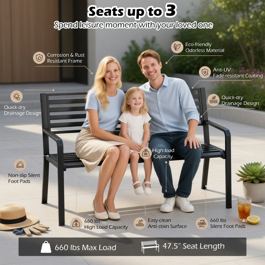 Hommoo 50" Heavy-Duty Outdoor Metal Patio Bench for 2-3 People, Slatted Garden Bench with Reinforced Frame & Non-Slip Feet, Black